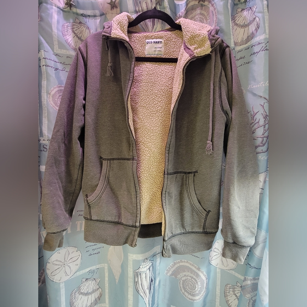Old Navy Small Petite Gray Faux Sherpa-Lined Zip Hoodie • Unisex Cozy Jacket